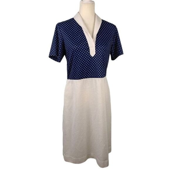 Unbranded Dresses & Skirts - Vintage Polka Dot Linen Blend Dress M Blue White Zip V Neck Collar Rockabilly